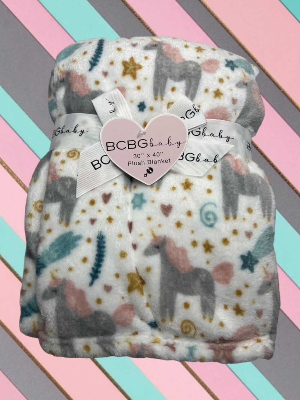 NWT BCBG Baby Unicorns Hearts Stars Plush Baby Blanket Toddler Pink Gray Gold